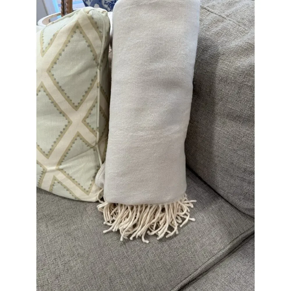 Pom Pom At Home Billie Cotton Throw Ivory Blue 50 “x 70” Fringe NEW
